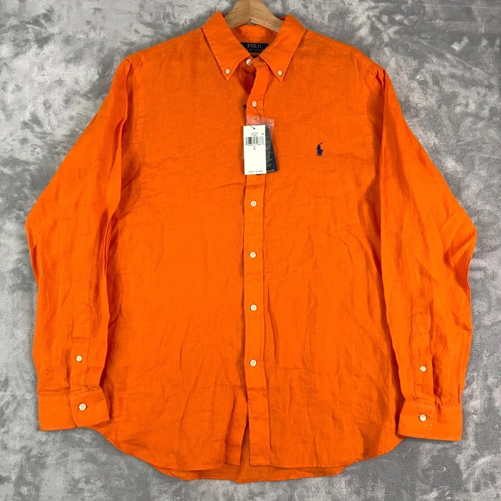 Polo Ralph Lauren Mens Large 100% Linen Orange Long Sleeve Shirt Classic Fit NEW